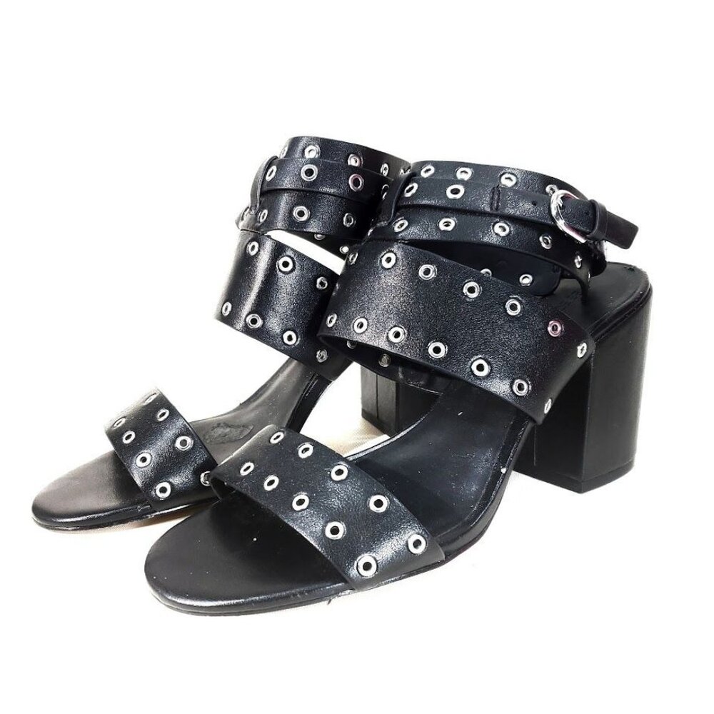 Rebecca Minkoff Black Sandal Carter Leather Grommet Strappy High Block Heel